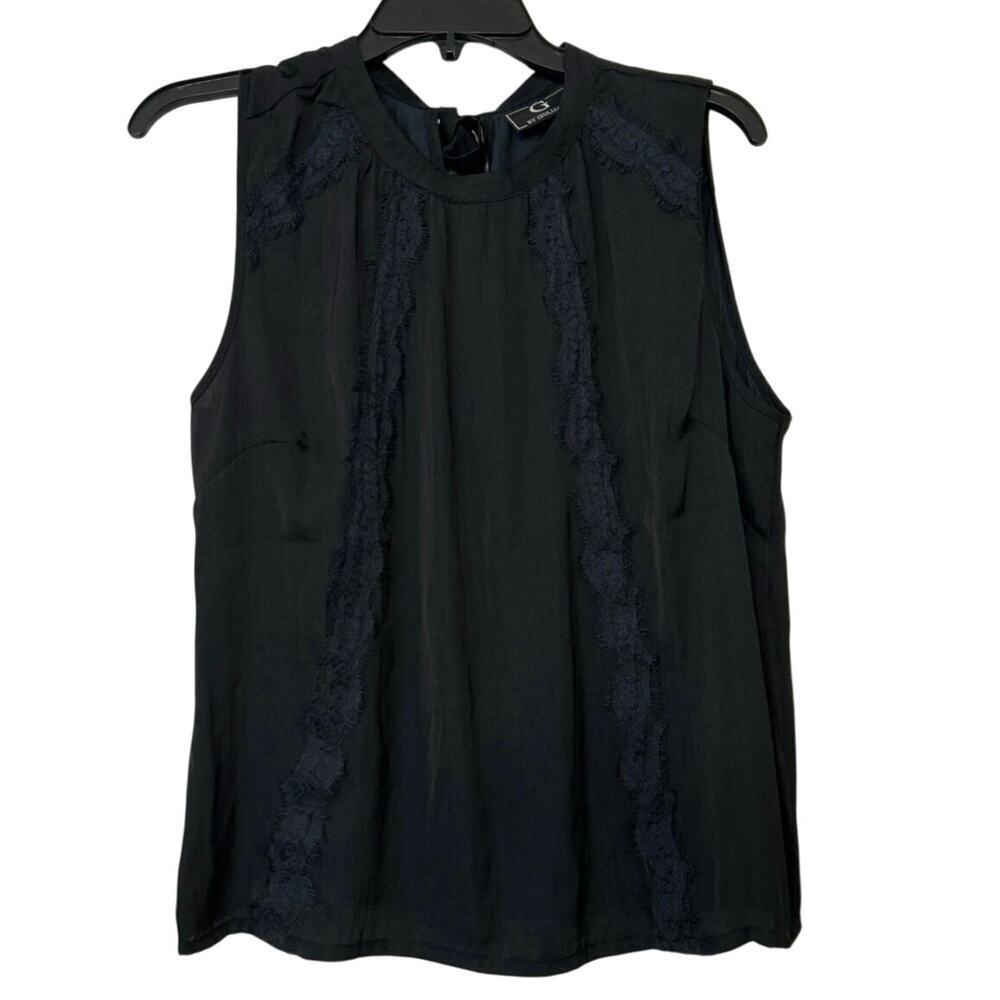 G By Giuliana Black Sleeveless Tie Neck Lace Trim Satin Top Large New Chic Layer